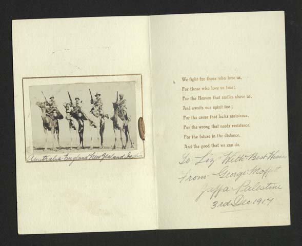  (19-?) ‘Card Greetings from the Camel Corps from George Moffit to Elizabeth S Fryer’, Box 2, folder 2, UQFL23, Fryer Library, The University of Queensland, Brisbane, QLD.