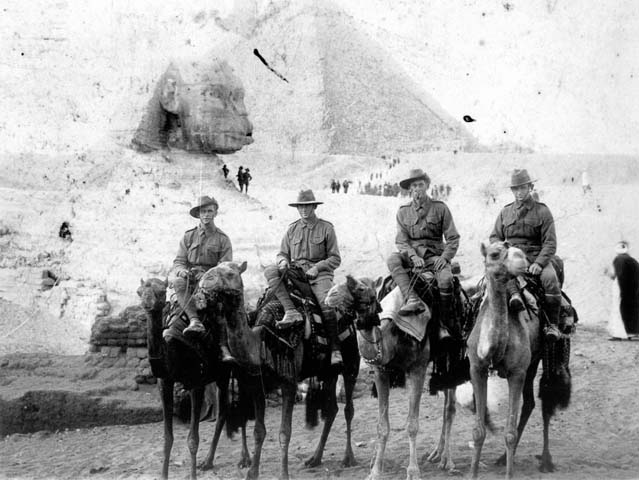 (19-?) ‘Privates from the 9th Battalion enjoying a camel ride near the Pyramids, Egypt’, Neg# 116581, Brisbane John Oxley Library, State Library of Queensland, Brisbane, QLD.