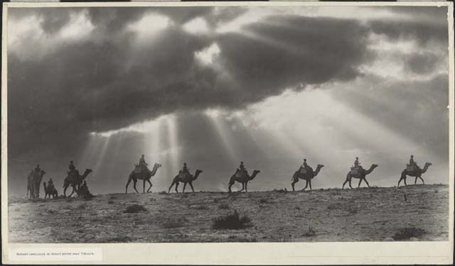 Hurley, F. (1942) ‘Senussi cameleers on desert patrol near Tobruk, Libya, approximately 1942’. Retrieved May 21, 2020, from https://nla.gov.au/nla.obj-756593717.